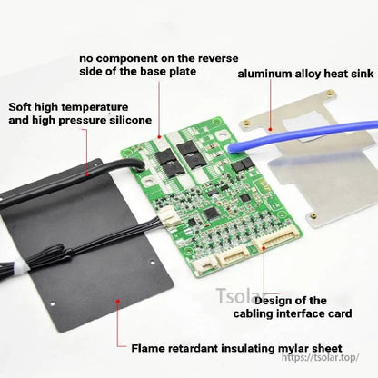 Exploded view of BMS showing PCB, aluminum alloy heatsink plate, and flame-retardant insulating mylar sheet