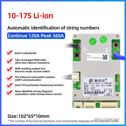 10–17S Li-ion BMS spec card: continue 120A, peak 360A, size 102×65×10mm with feature checklist