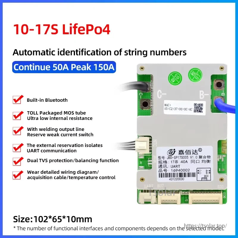 10–17S LiFePO4 BMS spec card: continue 50A, peak 150A, size 102×65×10mm with feature checklist