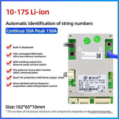 10–17S Li-ion BMS spec card: continue 50A, peak 150A, size 102×65×10mm with feature checklist