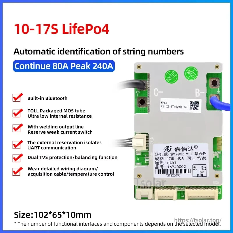 10–17S LiFePO4 BMS spec card: continue 80A, peak 240A, size 102×65×10mm with feature checklist