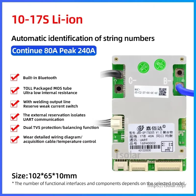 10–17S Li-ion BMS spec card: continue 80A, peak 240A, size 102×65×10mm with feature checklist