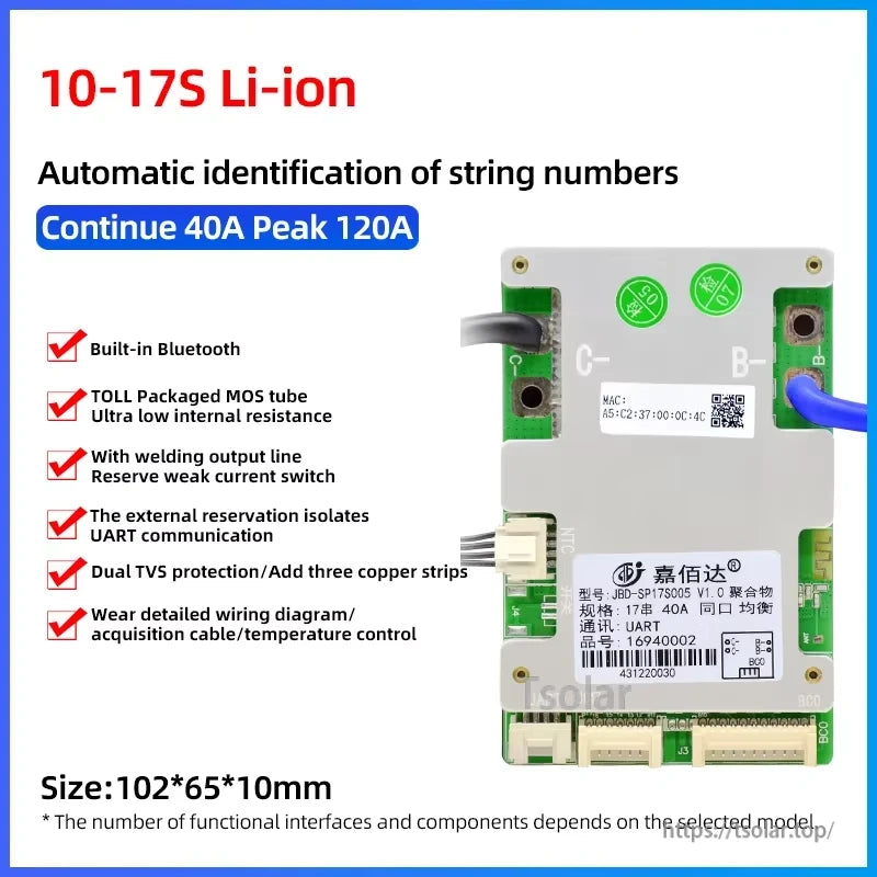 10–17S Li-ion BMS spec card: continue 40A, peak 120A, size 102×65×10mm with feature checklist