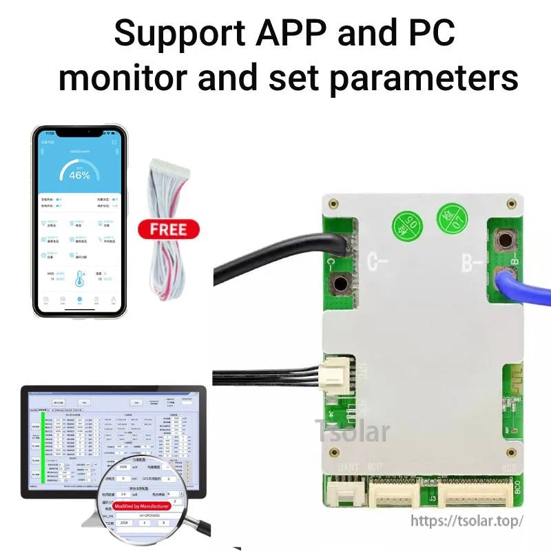 BMS supports APP and PC monitoring graphic showing phone screen, PC software interface, and included cable