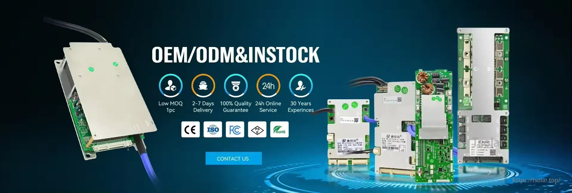 OEM/ODM banner with Jiabaida smart BMS boards and feature icons for lithium battery management systems