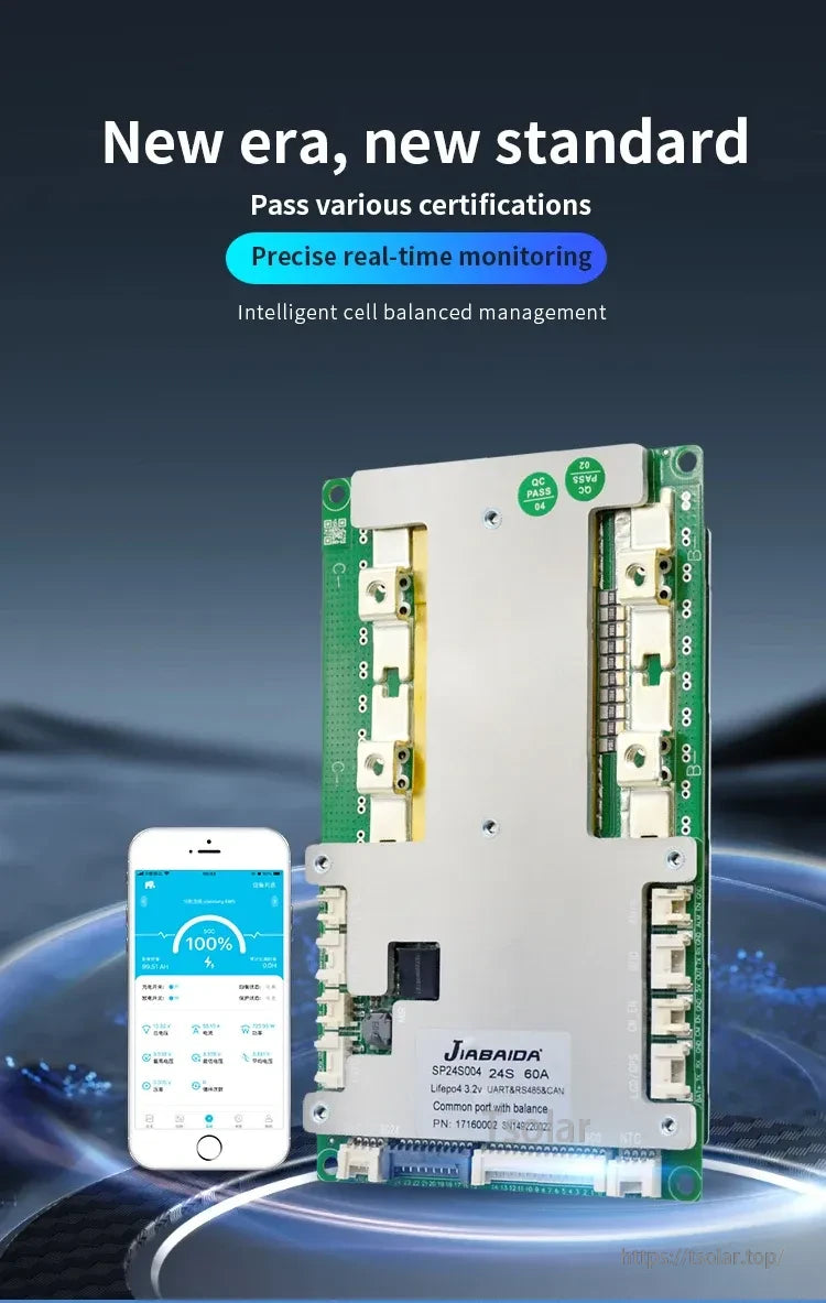 JBD SP24S004 Smart BMS product view with phone app screen for real-time monitoring and settings