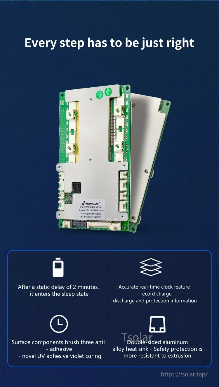 JBD SP24S004 Smart BMS board with aluminum cover; highlights sleep mode delay and real-time clock logging