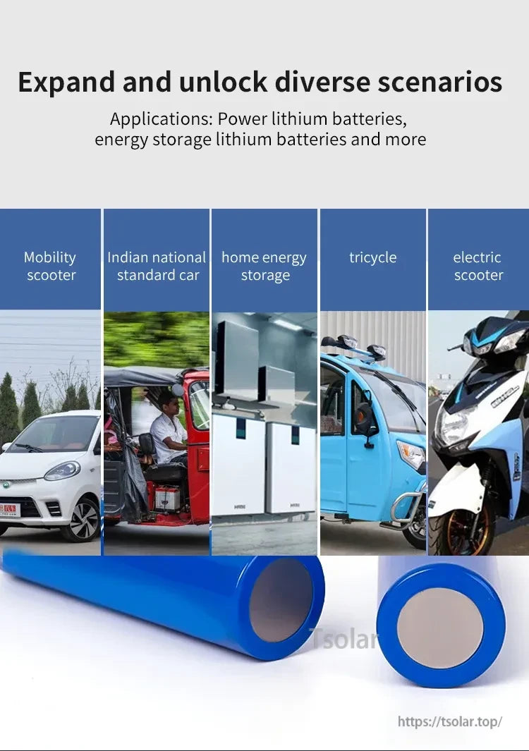 Application scenarios collage for power lithium batteries: mobility scooters, energy storage, tricycles, and more