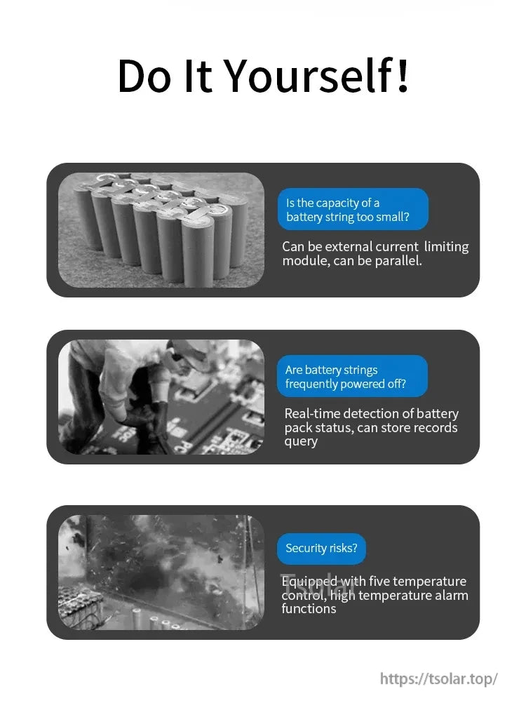 DIY feature graphic about pack capacity questions, real-time detection, record storage, and temperature alarm control