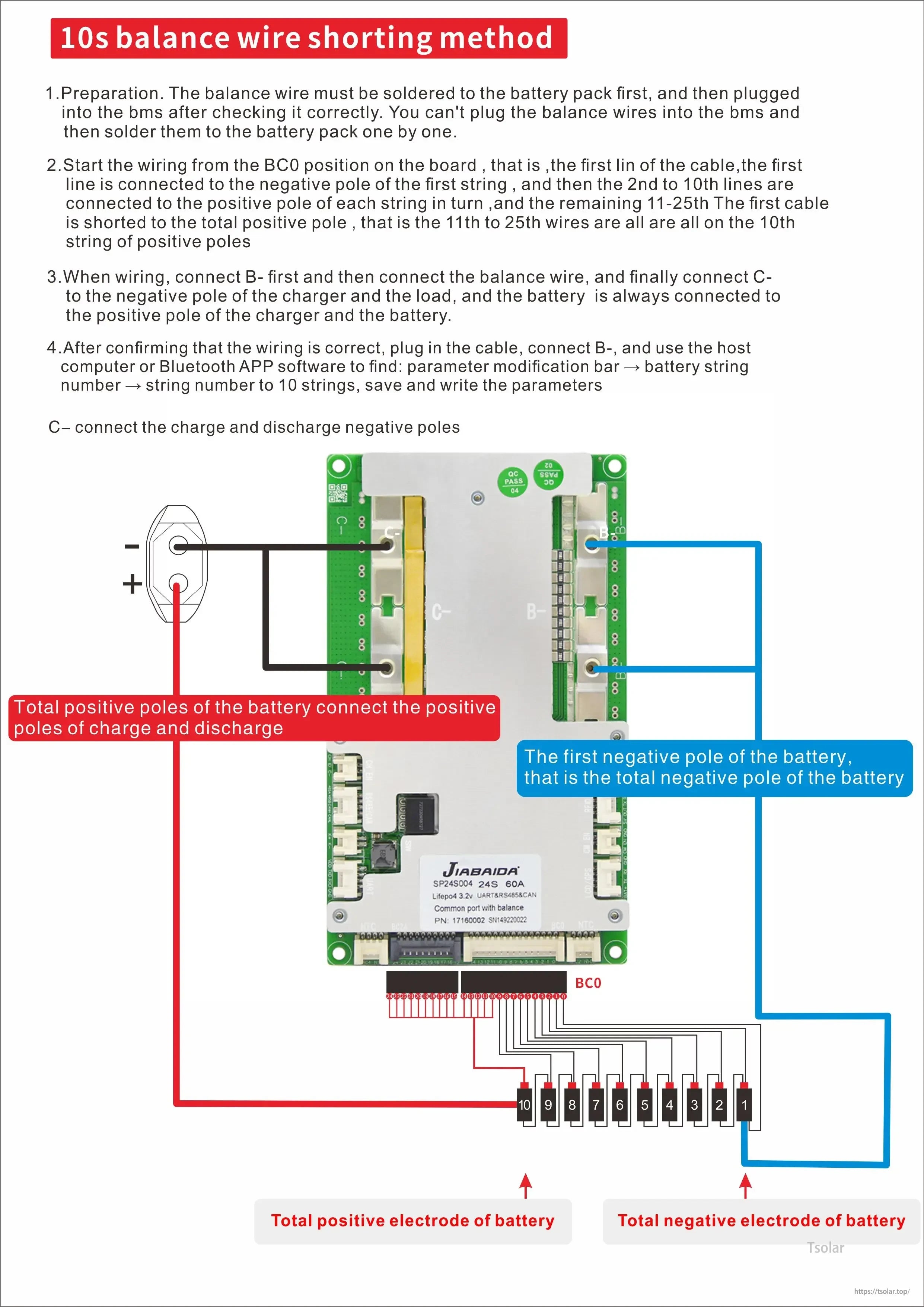 10S balance wire shorting method wiring diagram showing balance lead sequence and main pack terminals