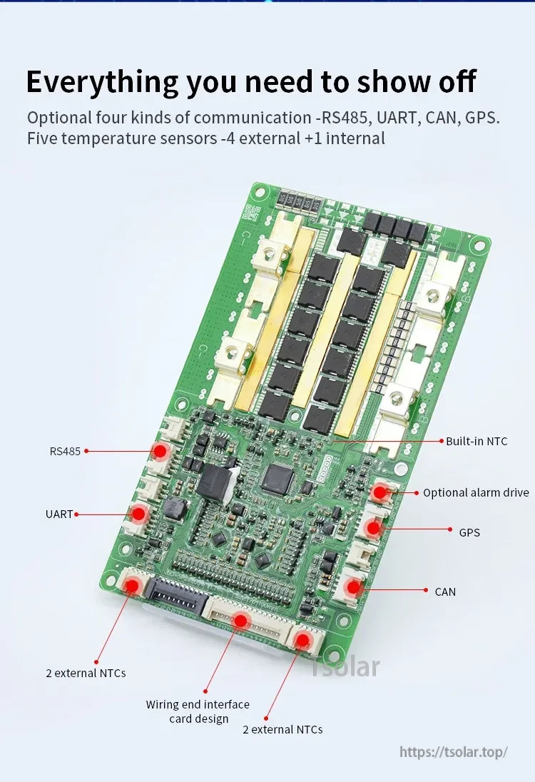 JBD SP24S004 Smart BMS PCB with labeled ports: UART, RS485, CAN, GPS option, and NTC temperature inputs