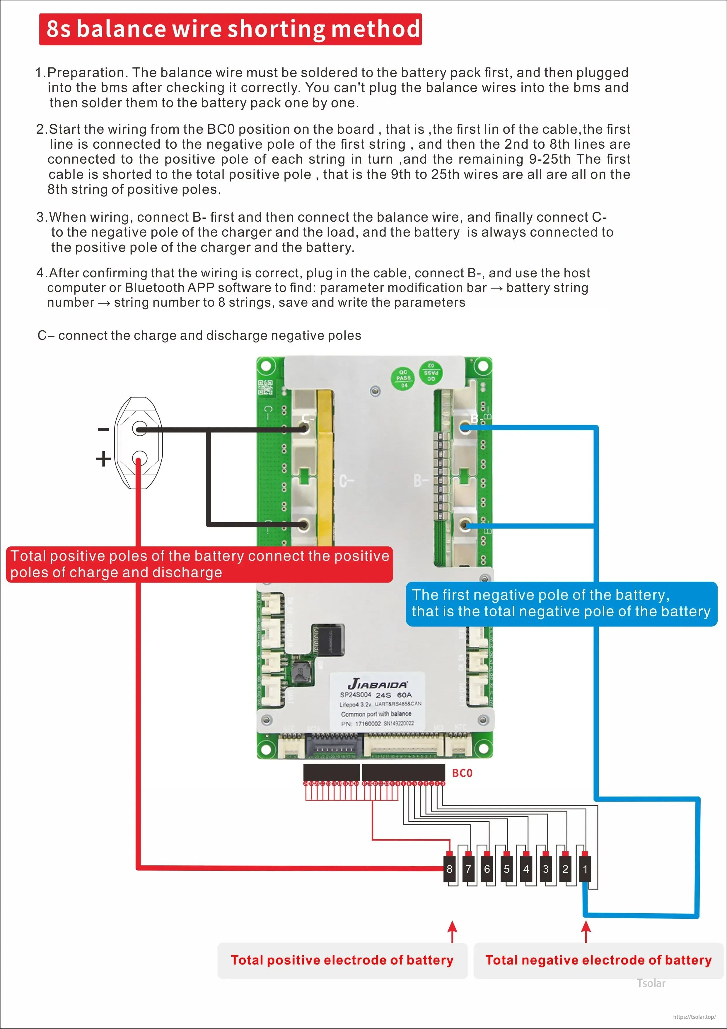 8S balance wire shorting method wiring diagram for BMS with main positive/negative and balance lead order notes