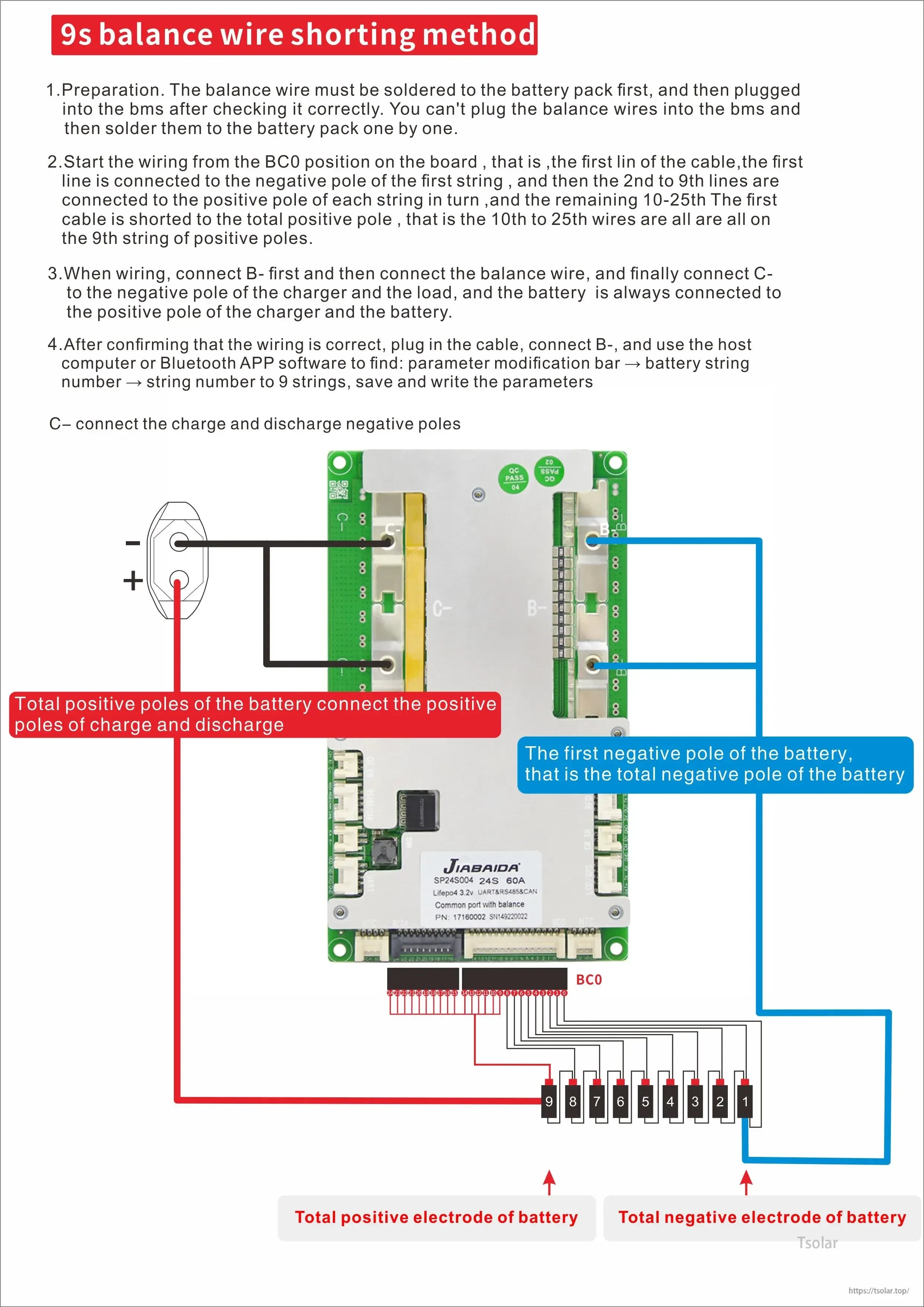 9S balance wire shorting method wiring diagram with balance connector order and pack positive/negative connection notes