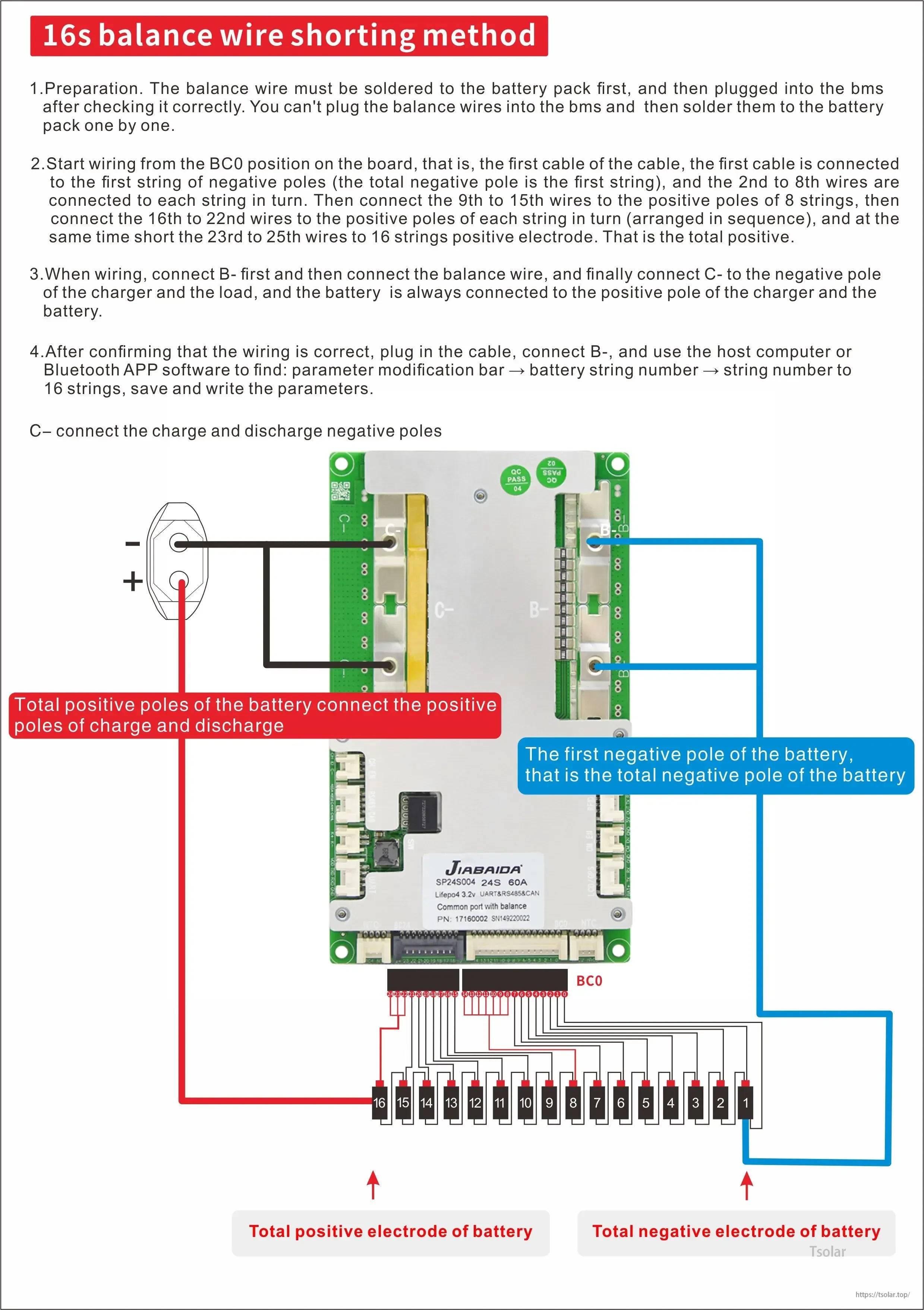 JBD SP24S004 Smart BMS 16S balance wire shorting method diagram with charge/discharge and balance leads