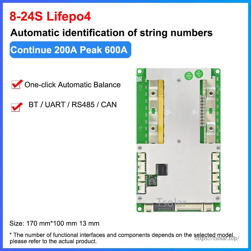8–24S LiFePO4 spec graphic showing continuous 200A peak 600A with one-click automatic balance