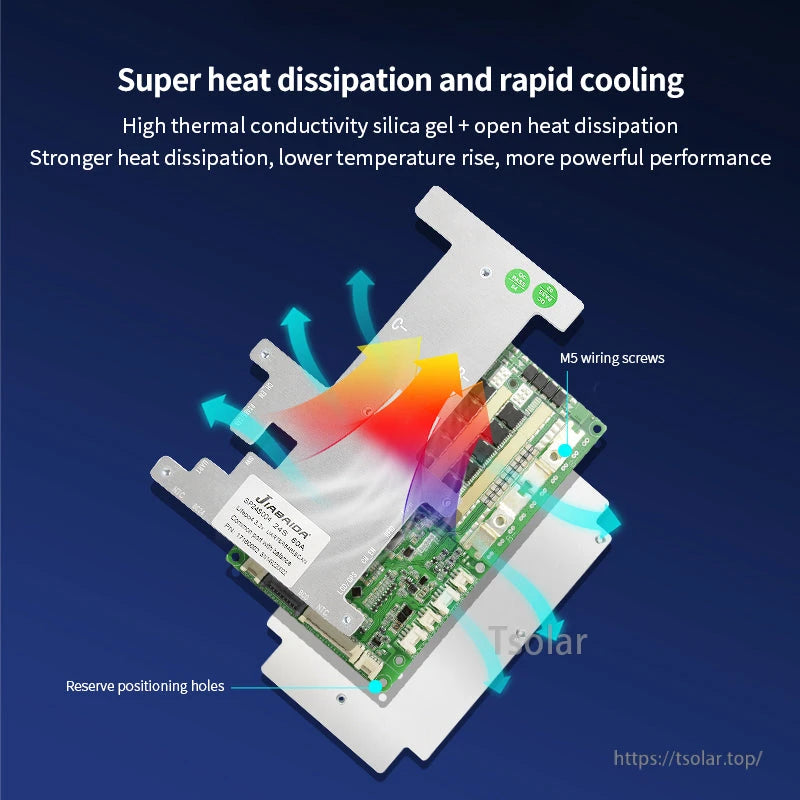 JBD SP24S004 Smart BMS heat dissipation graphic showing cooling airflow and mounting screw points