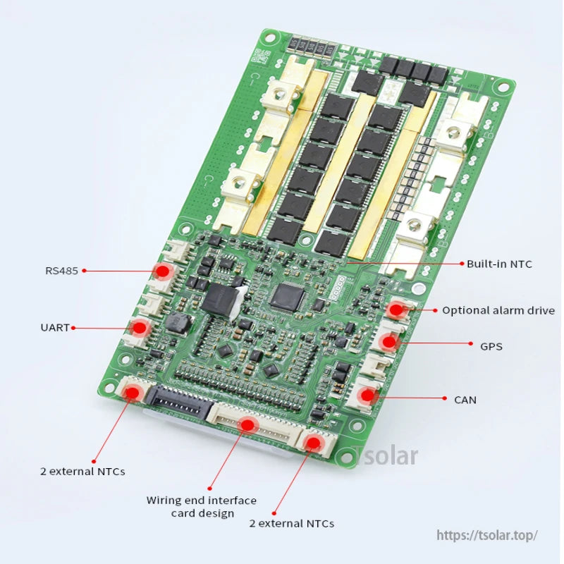BMS PCB close-up with labeled ports: RS485, UART, CAN, GPS, alarm drive, and NTC connectors