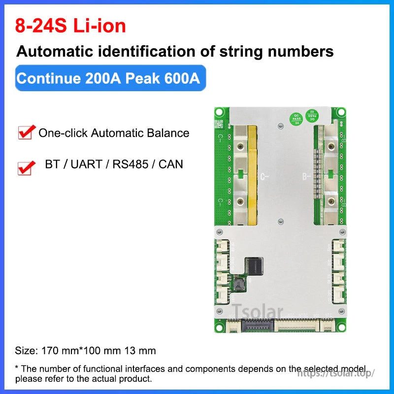 8–24S Li-ion spec graphic showing continuous 200A peak 600A, automatic string identification shown