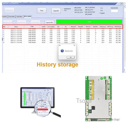 Smart BMS PC software screenshot showing history storage log table and device interface preview