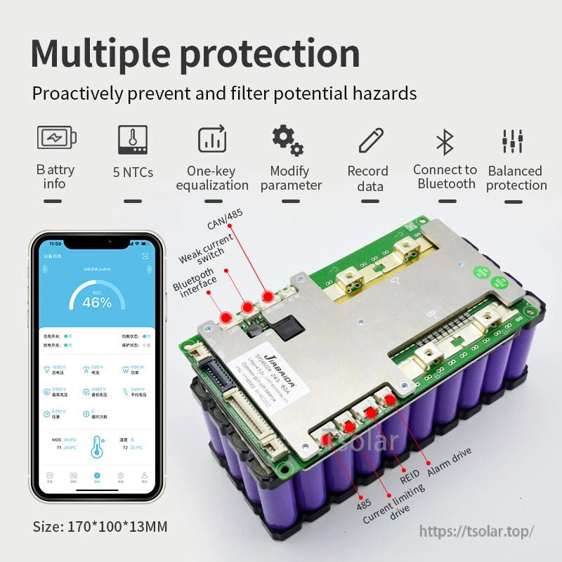 Multiple protection overview with phone app screen and BMS mounted on battery pack, connectors labeled