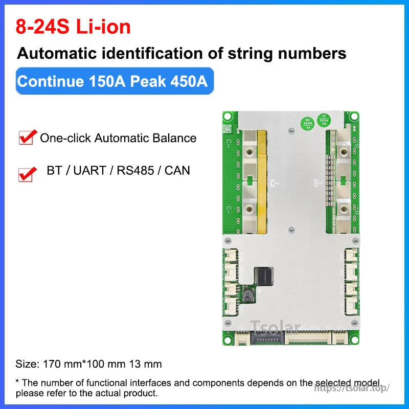 8–24S Li-ion spec graphic showing continuous 150A peak 450A, with BT/UART/RS485/CAN listed