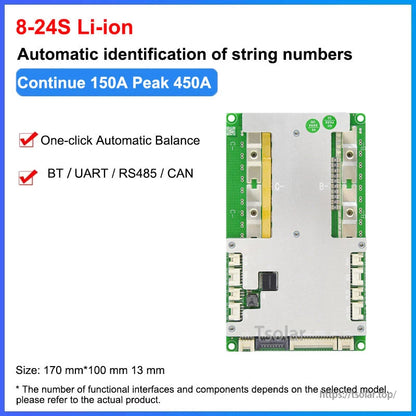 8–24S Li-ion spec graphic showing continuous 150A peak 450A, with BT/UART/RS485/CAN listed