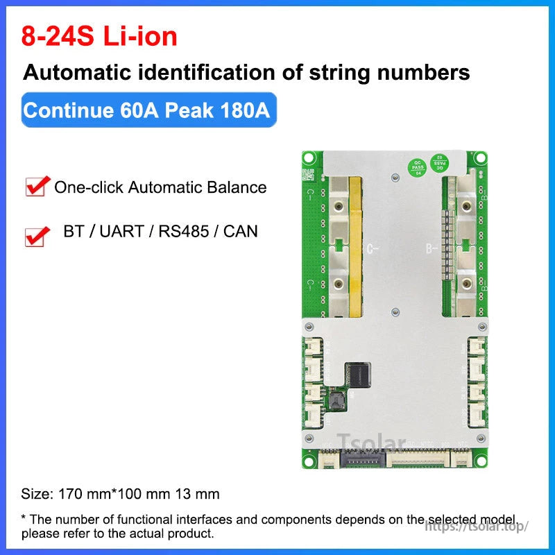 8–24S Li-ion spec graphic showing continuous 60A peak 180A, one-click balance and BT/UART/RS485/CAN