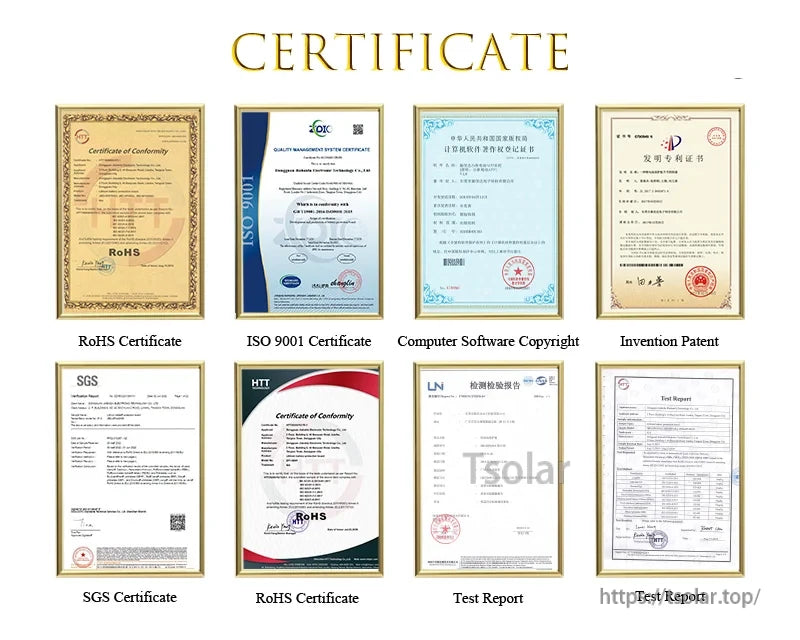 Collage of compliance and quality documents including RoHS, ISO 9001, SGS certificates, and test reports