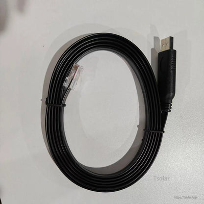 USB to RJ45 communication cable, black coiled lead with USB-A and RJ45 connectors