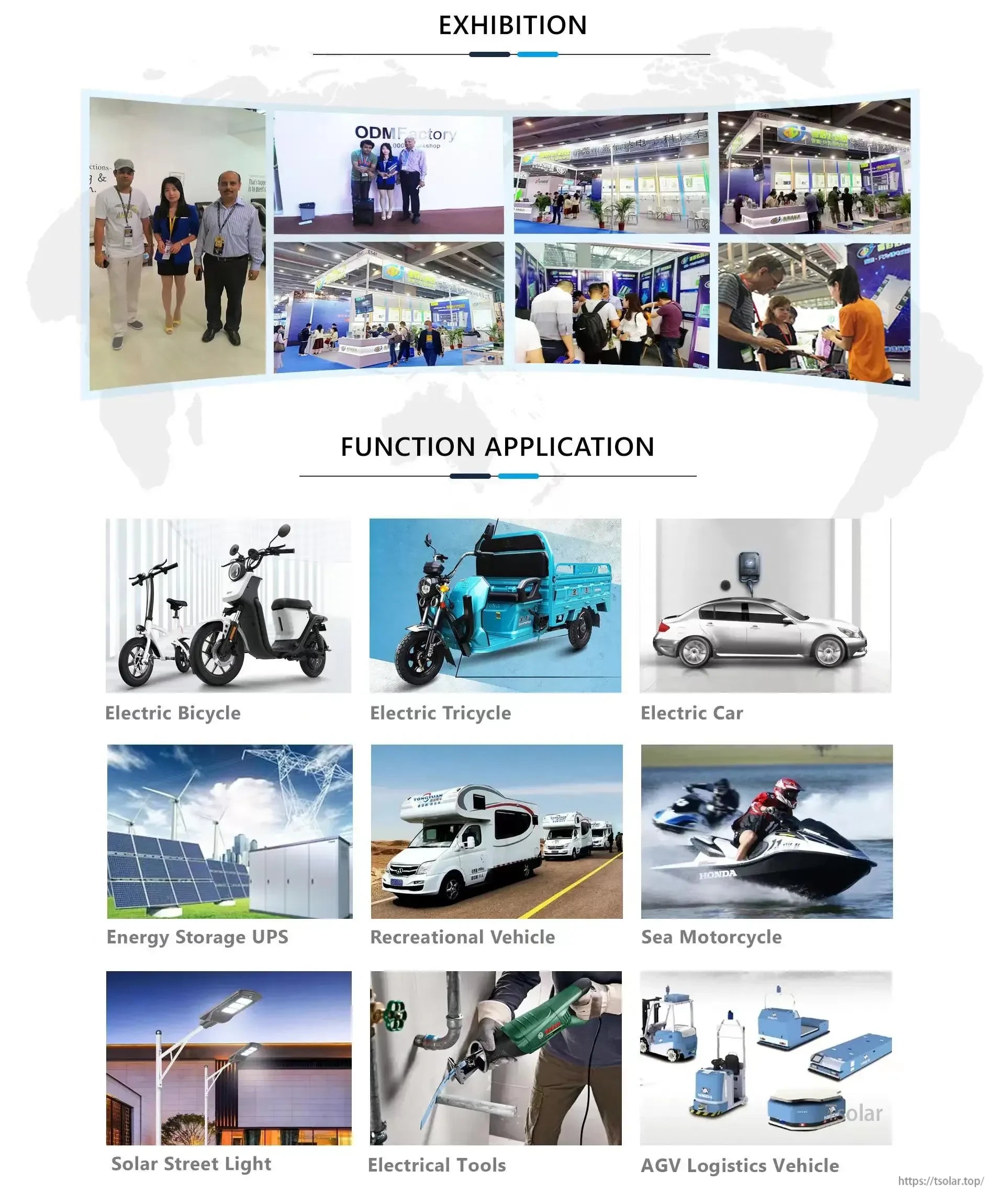 Application examples for Smart BMS battery packs, including e-bikes, EVs, energy storage, RV, marine and solar lighting