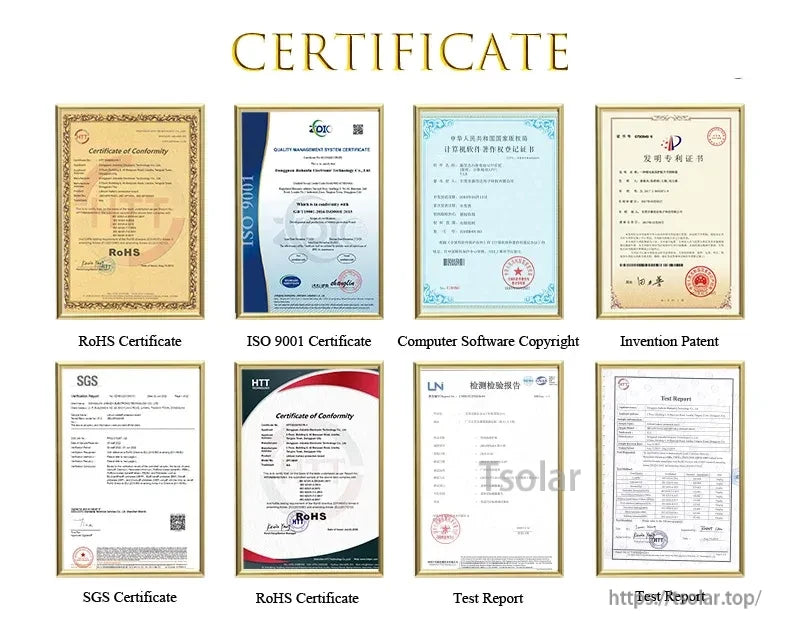 Collage of compliance and quality certificates listed by the manufacturer (RoHS, ISO 9001, SGS, test reports)