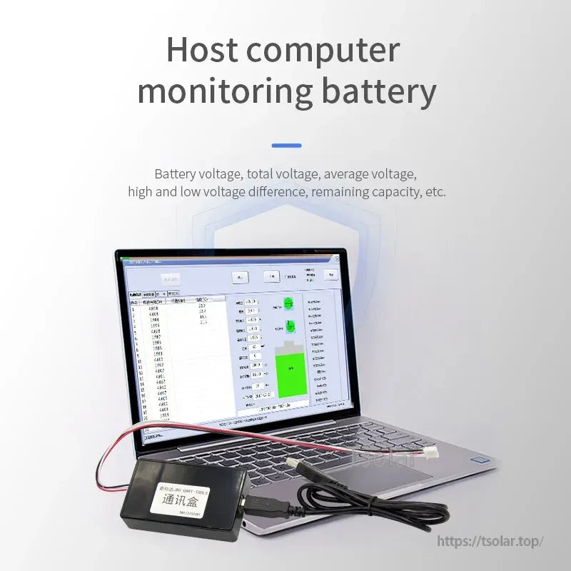 Laptop running JBD PC tools for host computer battery monitoring via UART-TOOLS communication box