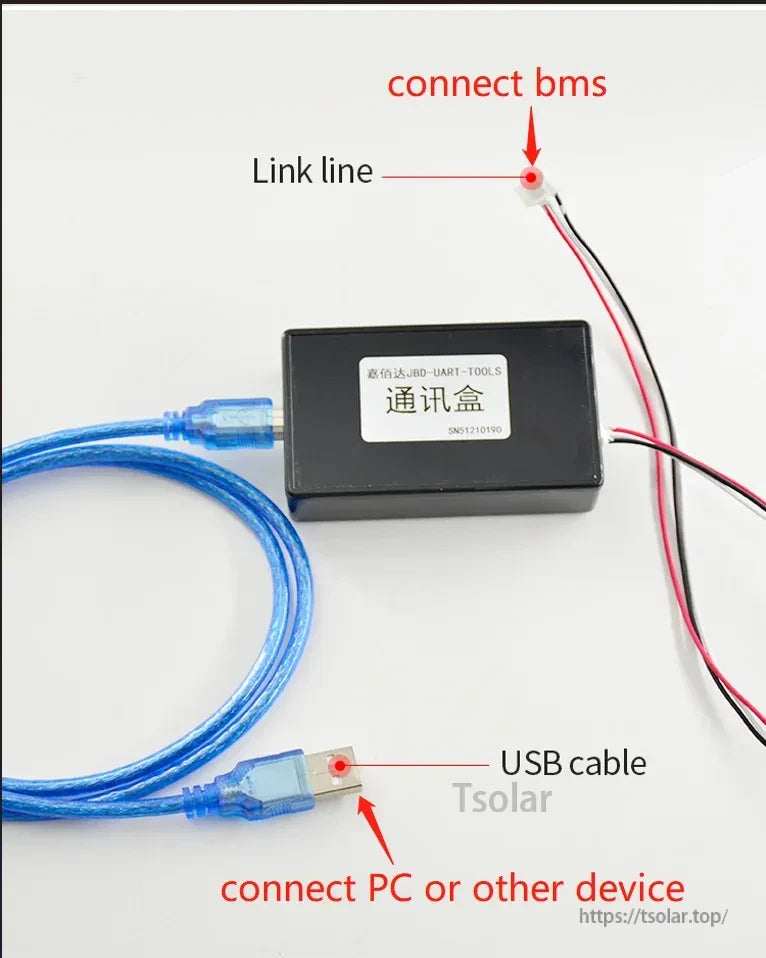 JBD UART-TOOLS communication box with USB cable to PC and link line to connect BMS (UART)