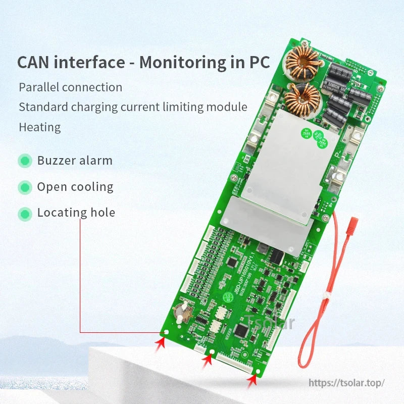 BMS PCB angle view highlighting CAN interface, buzzer alarm, open cooling area, locating holes and heating support