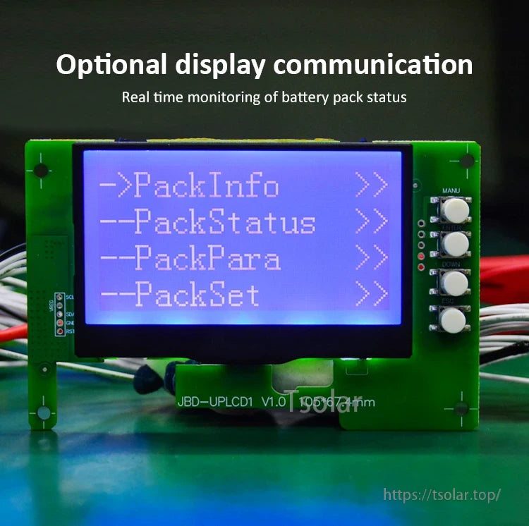 Optional UART/RS485 LCD display module with real-time menus: PackInfo, PackStatus, PackPara and PackSet