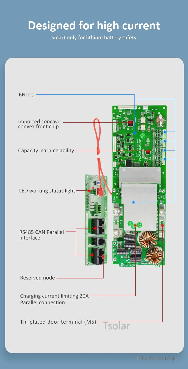 JBD UP16S010 Battery Management System BMS labeled layout showing 6 NTC sensors, LED status, M5 terminals and 20A limit