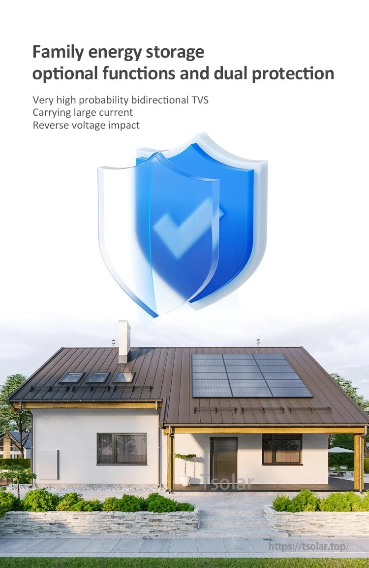 Family energy storage protection graphic with shield icon and rooftop solar home concept