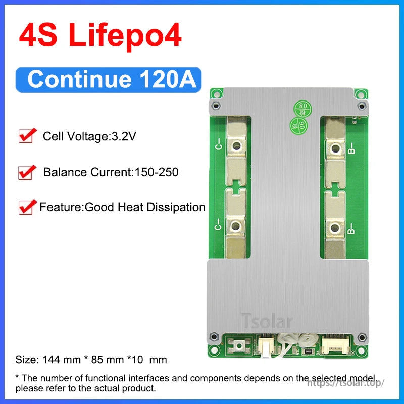 4S LiFePO4 BMS spec graphic showing continuous 120A, 3.2V cells and balance current 150–250mA