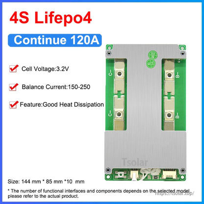 4S LiFePO4 BMS spec graphic showing continuous 120A, 3.2V cells and balance current 150–250mA