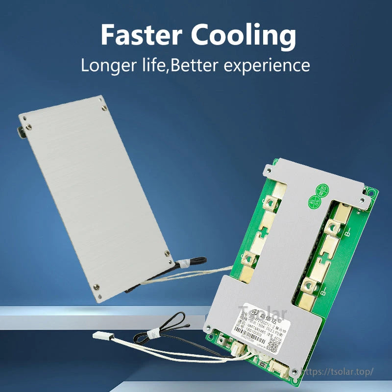 Cooling comparison graphic showing BMS with aluminum heat sink plate and wired leads