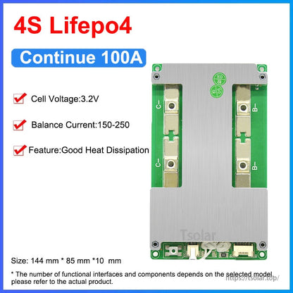 4S LiFePO4 BMS spec graphic showing continuous 100A, 3.2V cells and balance current 150–250mA
