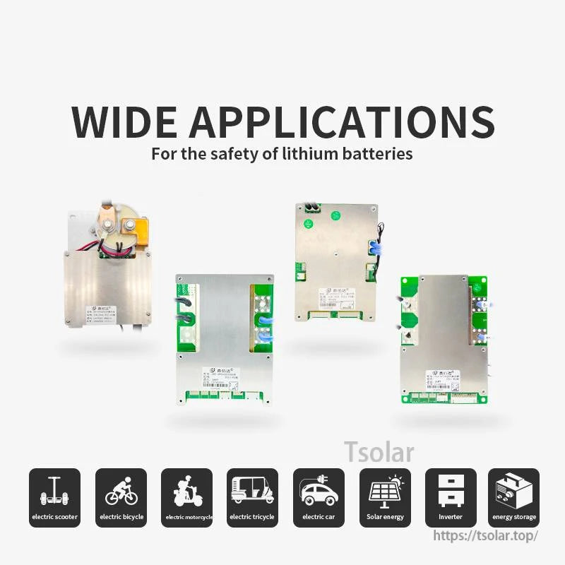 Wide applications graphic for lithium battery BMS: scooter, e-bike, tricycle, solar, inverter, storage