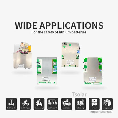 Wide applications graphic for lithium battery BMS: scooter, e-bike, tricycle, solar, inverter, storage