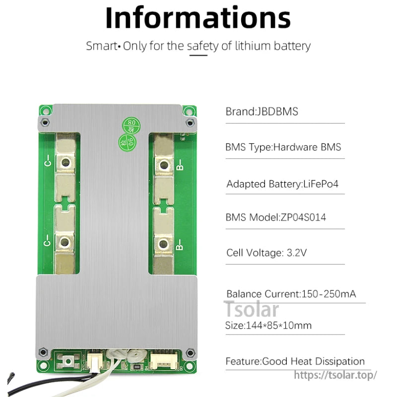 JBD ZP04S014 hardware BMS information chart with model, cell voltage and size details