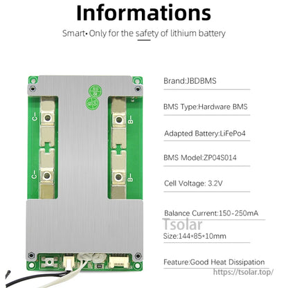 JBD ZP04S014 hardware BMS information chart with model, cell voltage and size details