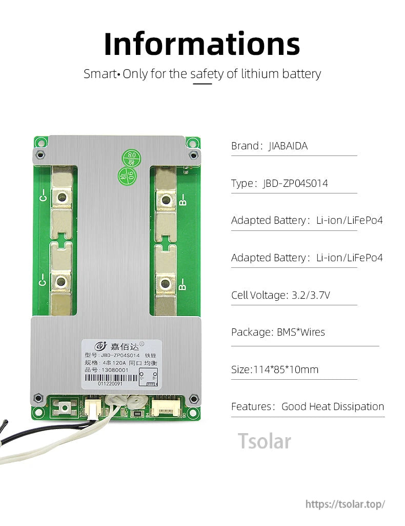 Information sheet for JBD-ZP04S014 BMS showing supported battery type, voltage range and dimensions