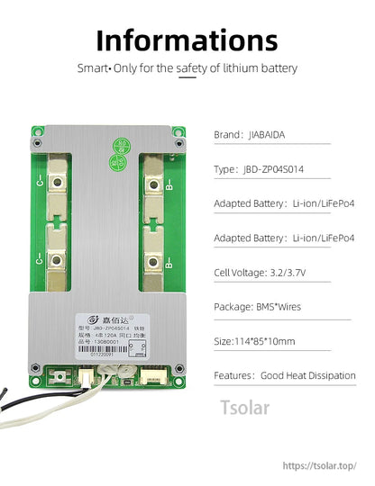 Information sheet for JBD-ZP04S014 BMS showing supported battery type, voltage range and dimensions