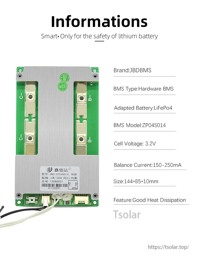 JBD ZP04S014 Hardware BMS information panel with key specs for 4S 3.2V LiFePO4 cells