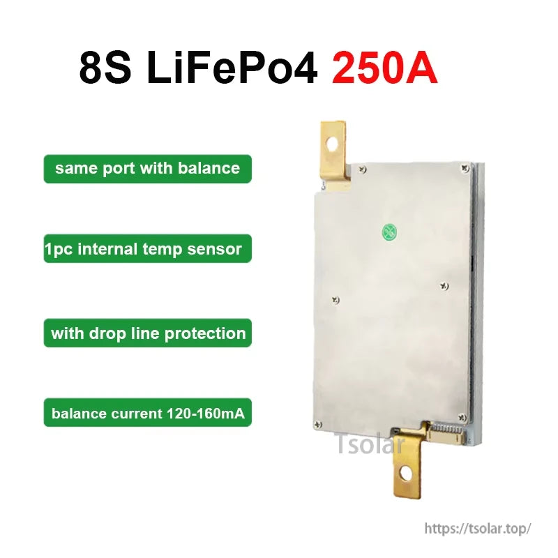 8S LiFePO4 250A hard BMS feature graphic: same port with balance, temp sensor, drop line protection