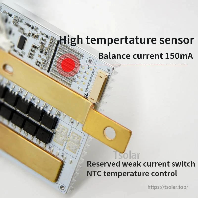 BMS PCB close-up showing temperature sensor area and balance current 150mA callout